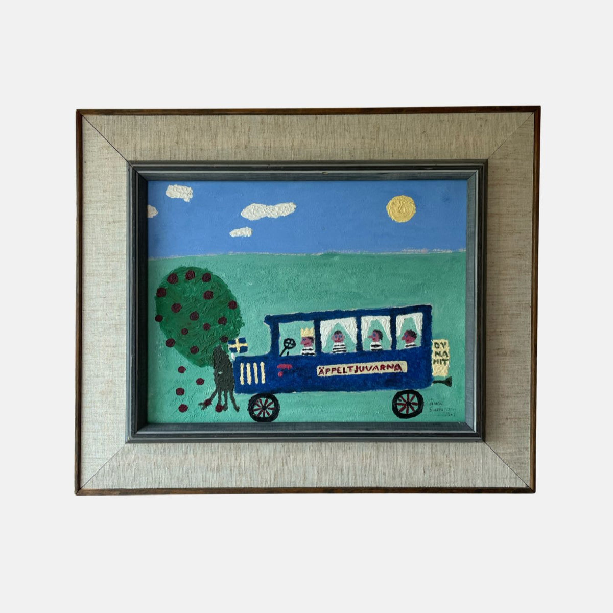 Vintage Swedish oil painting of naive scene of bandits in blue car under apple tree, by Rune Gustafsson, in linen frame