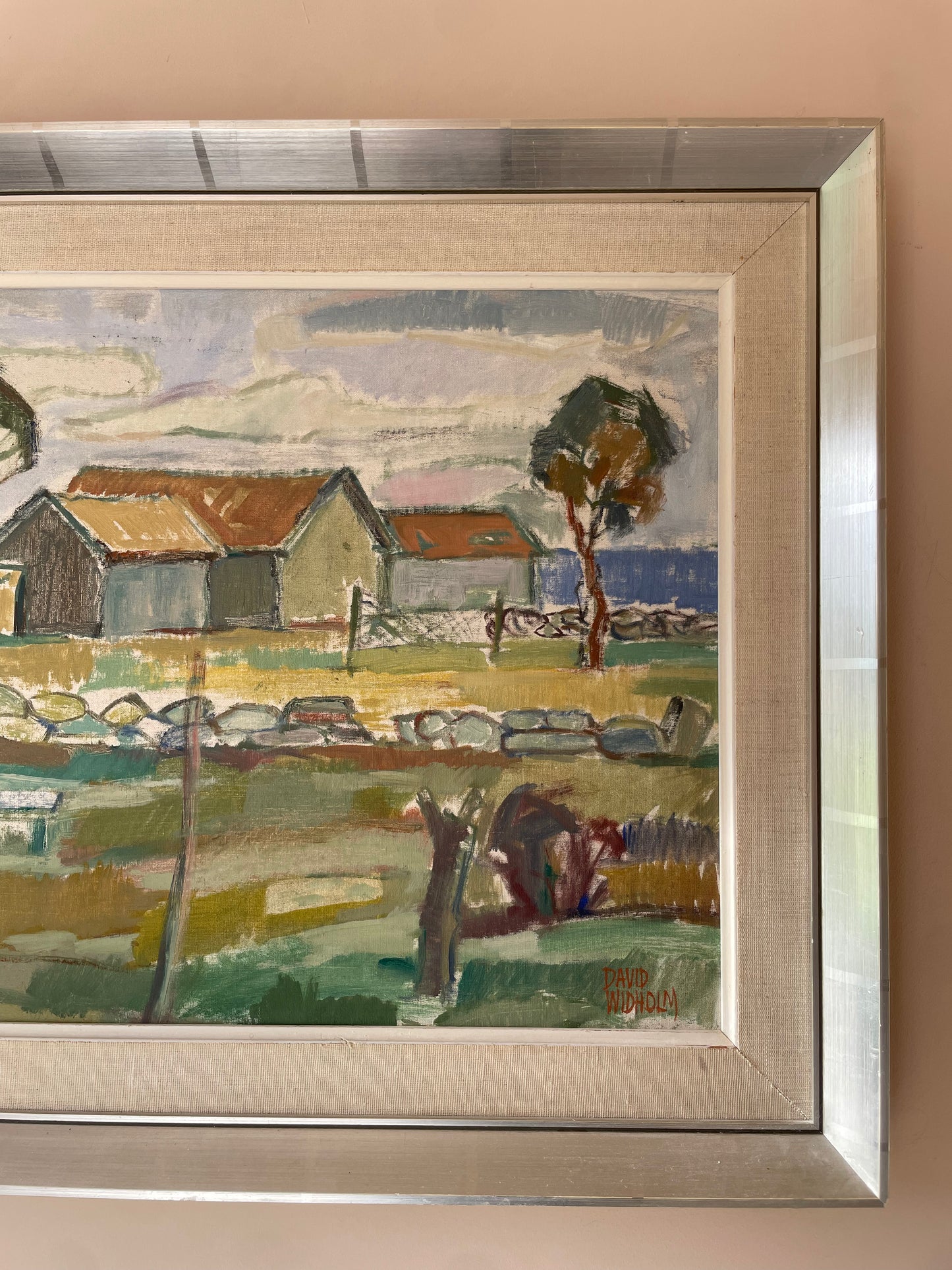 Coastal Farmstead, vintage Swedish oil painting by David Widholm, photo 5 of 6
