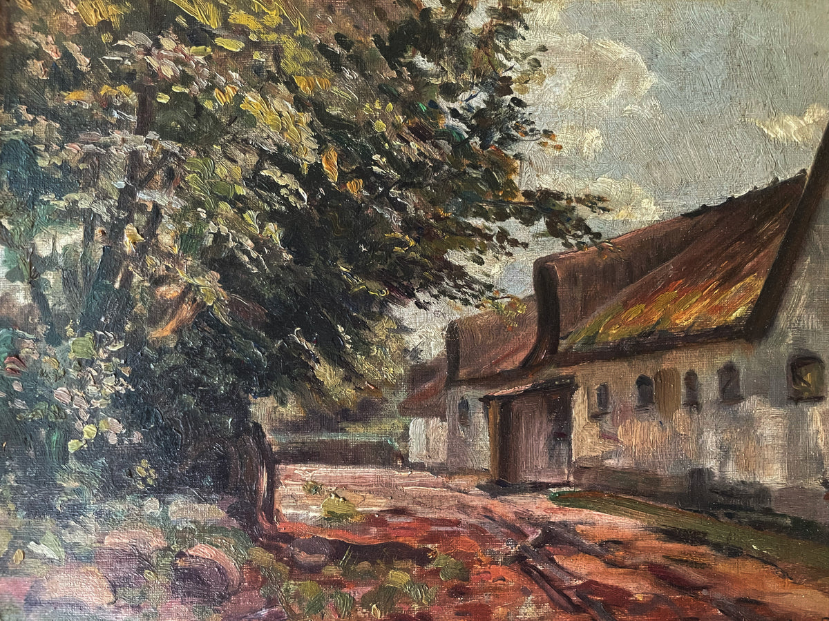 Village Lane, vintage Danish oil painting by August Dencker, photo 2 of 4