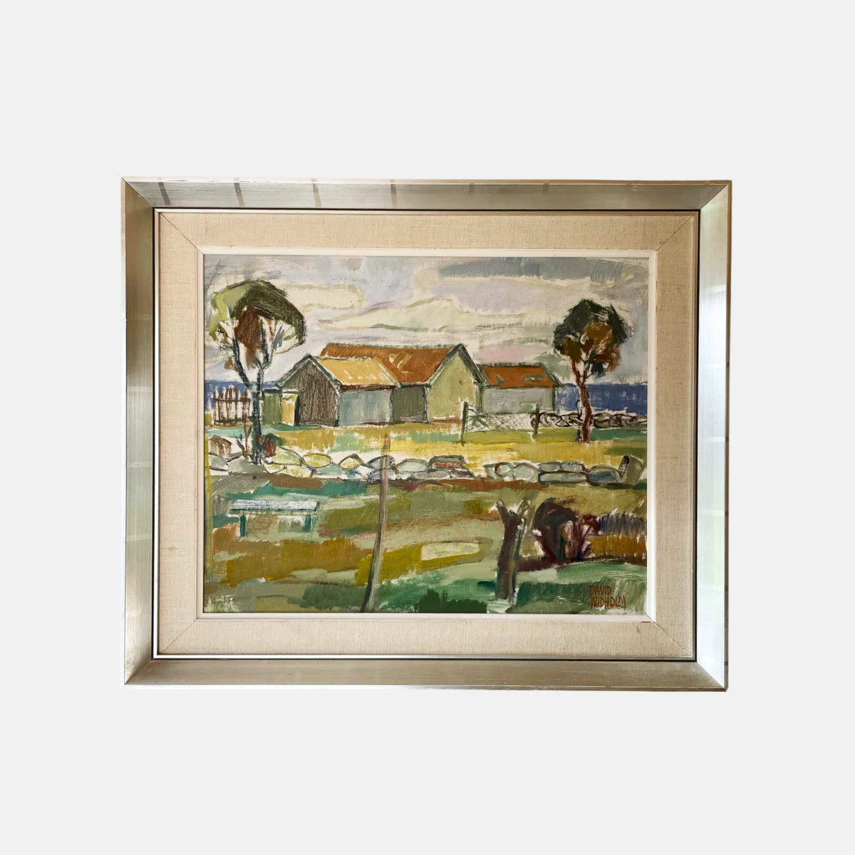 Vintage Swedish oil painting of a coastal farmstead with barns and stone walls under a wide sky, by David Widholm