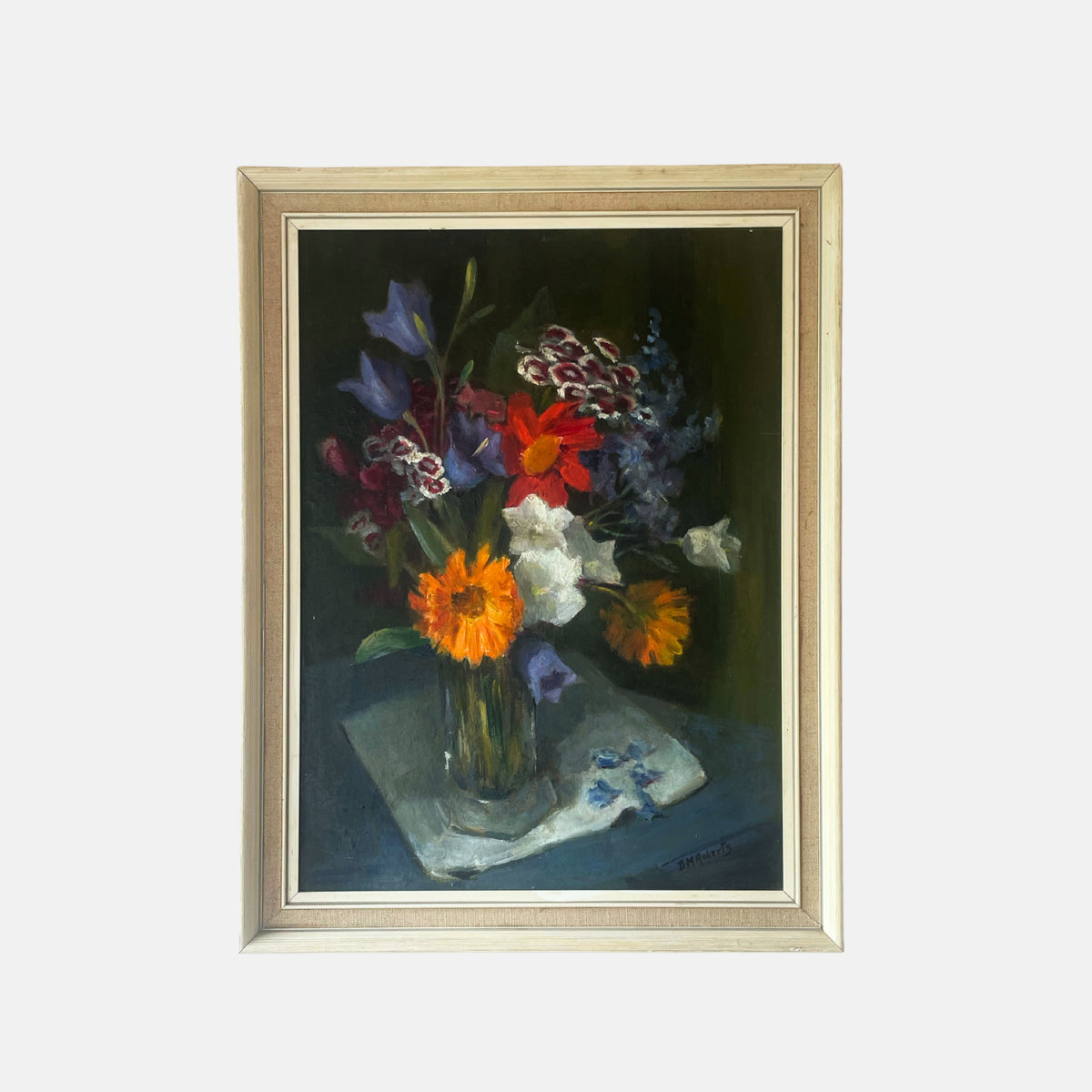 Vintage still life oil painting of a bright flower arrangement in orange and yellow against a dark background, by D.M. Roberts