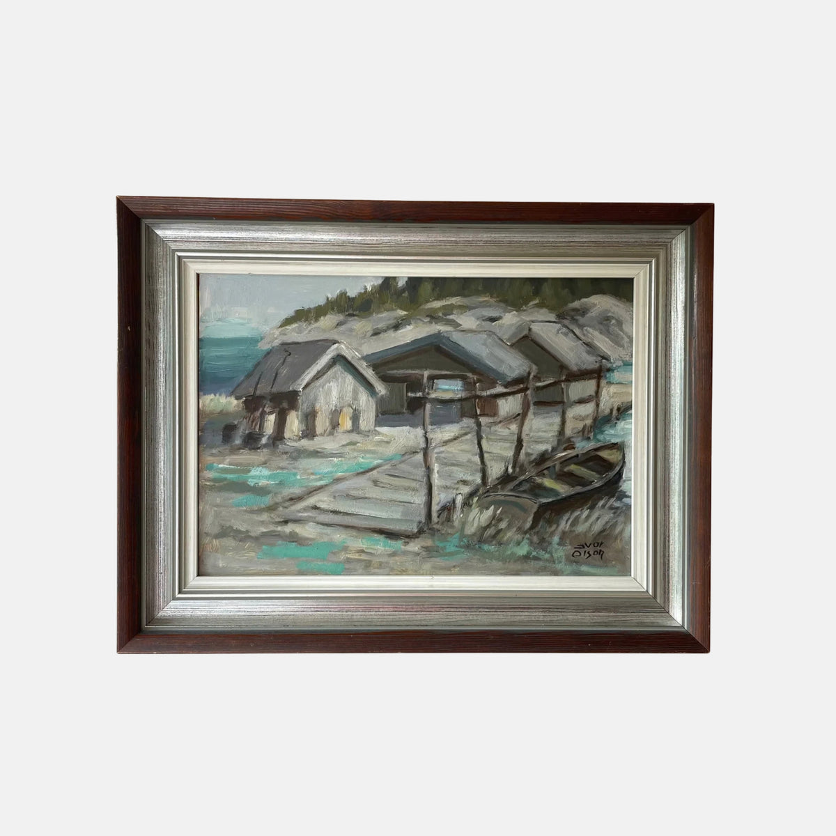 Vintage Swedish oil painting of weathered boathouses on a shoreline in cool greys and sea greens, in wooden frame