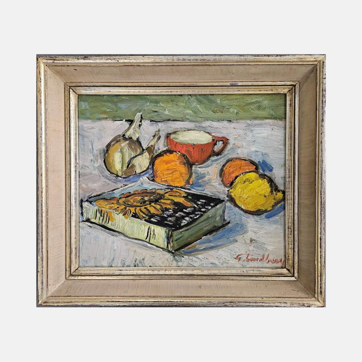 Vintage Swedish still life oil painting of everyday objects in loose bold colour, by Gunnar Lindberg
