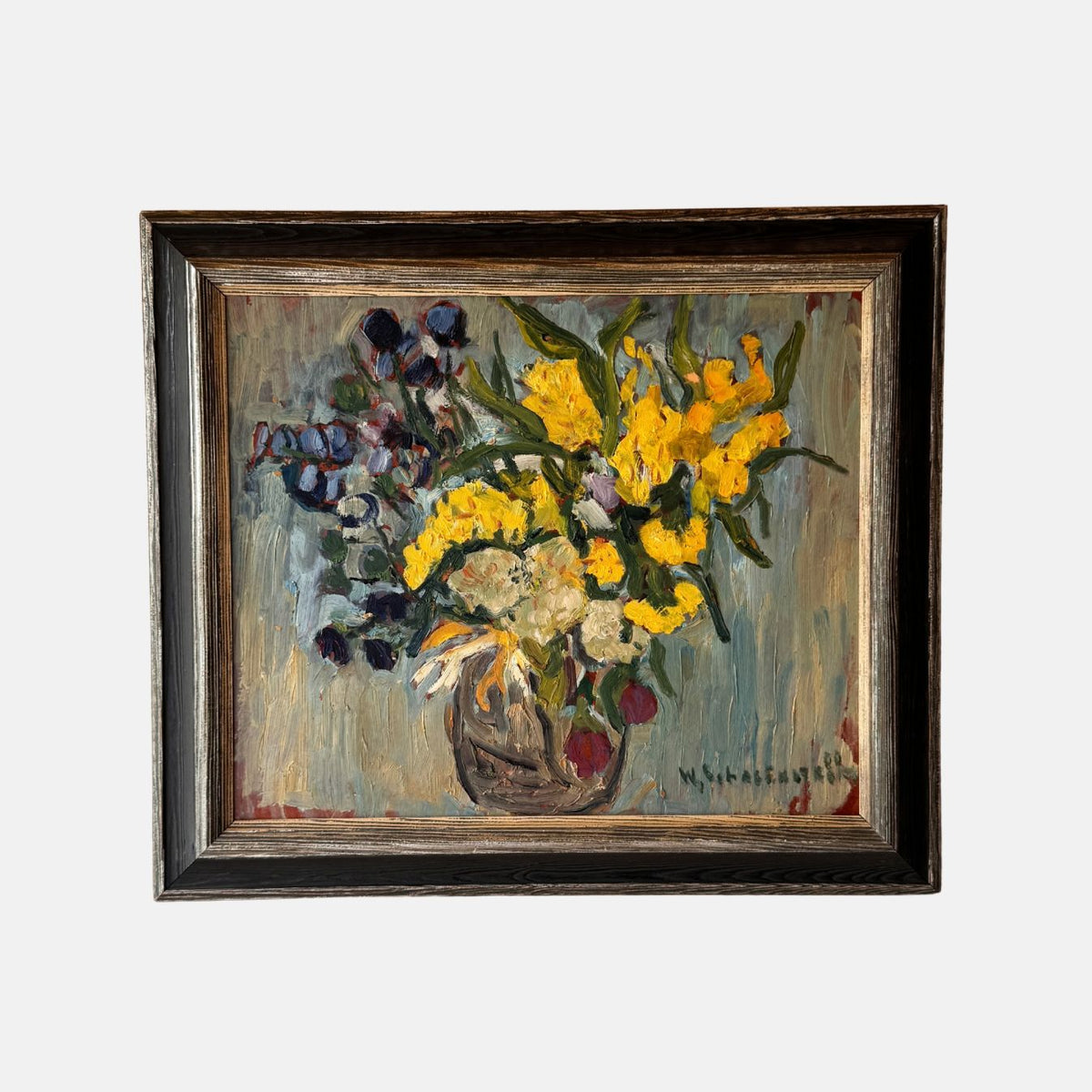Vintage Swedish still life oil painting of yellow blooms, blue berries and white flowers in a rustic vase