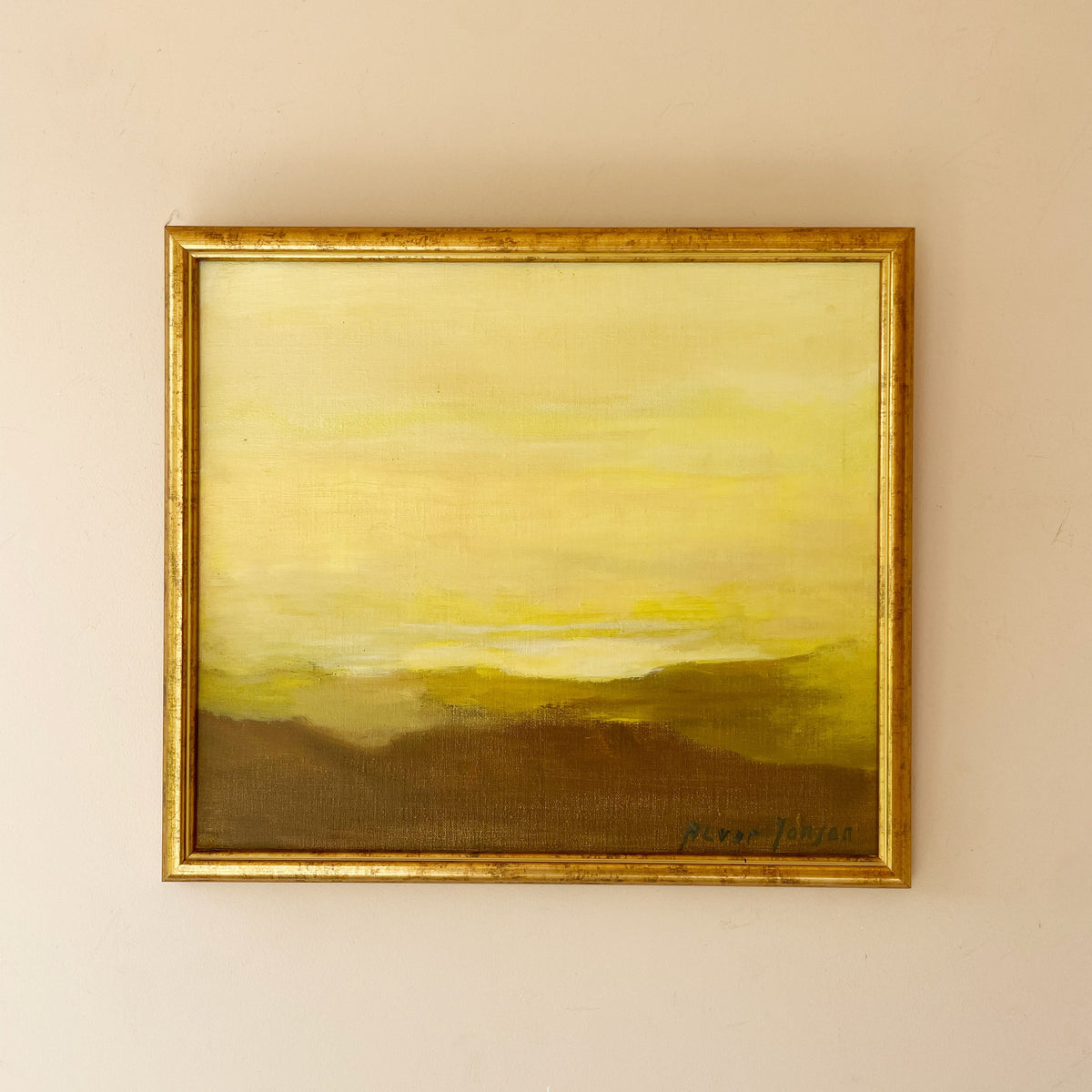 Original mid century oil landscape of soft golden light over rolling olive hills. Minimal, calm and atmospheric, in a slim gilt frame. Ready to hang.