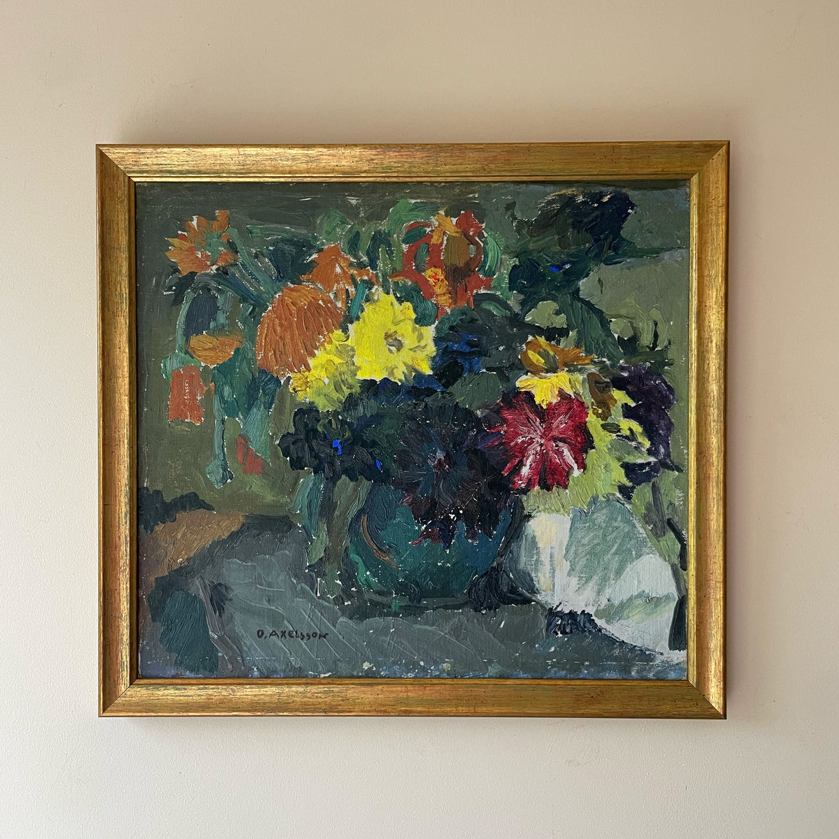 Vintage Swedish oil painting of marigolds, dahlias and zinnias in dark green jug, by Olof Axelsson, in slim gold frame