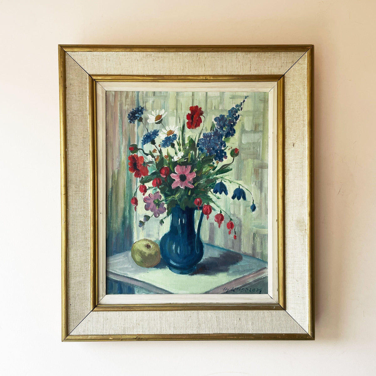 Vintage Swedish oil painting of poppies, daisies and delphiniums in blue vase, by Hjalmar Lindblom, in gold frame