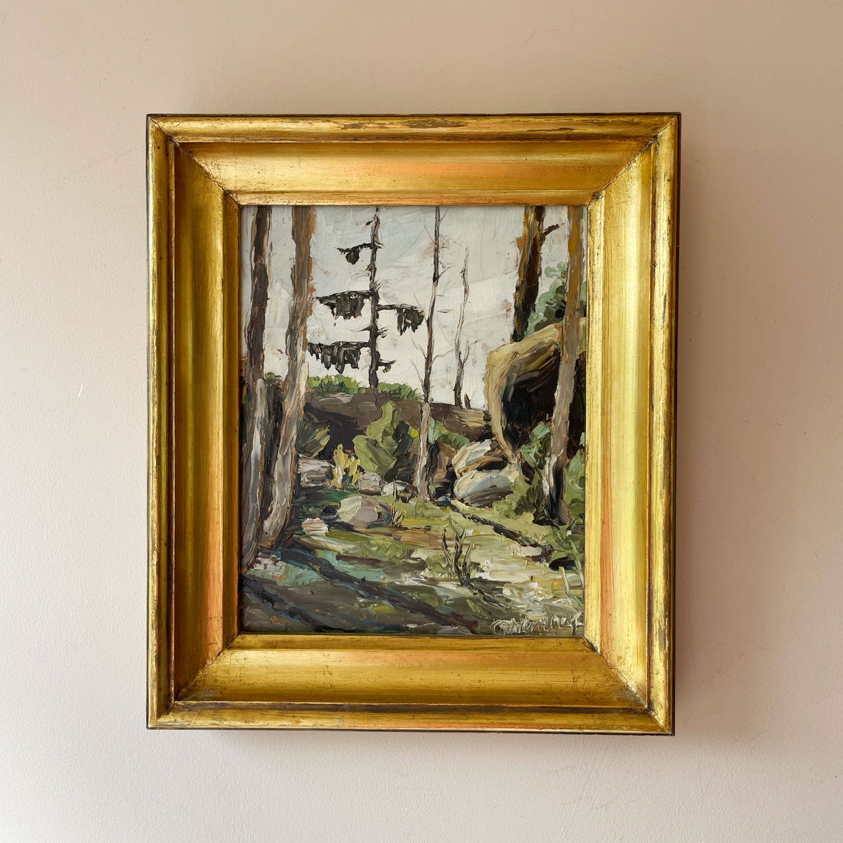 Vintage Swedish oil painting of a pine forest clearing in a gold gilt frame