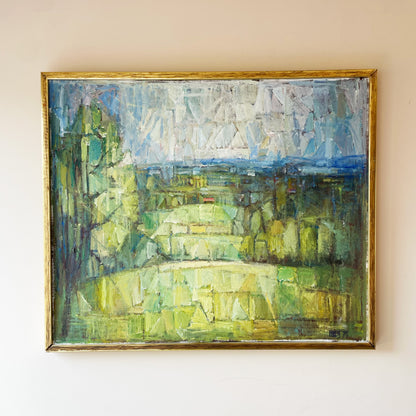 Mid-century modern cubist landscape oil painting in gold frame, signed and dated '75, depicting a fragmented green countryside scene with faceted trees, fields, and abstract sky in blue, white, and yellow tones — original vintage fine art for sale.