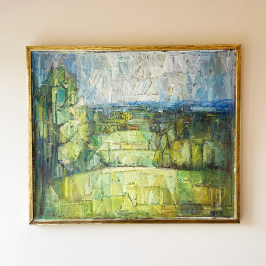 Mid-century modern cubist landscape oil painting in gold frame, signed and dated '75, depicting a fragmented green countryside scene with faceted trees, fields, and abstract sky in blue, white, and yellow tones — original vintage fine art for sale.