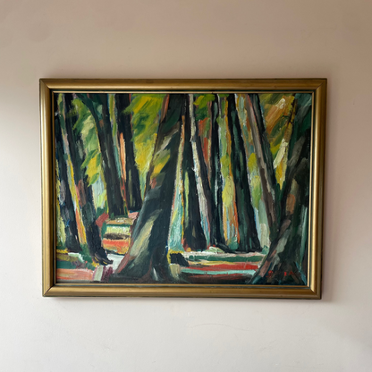 Original mid century expressionist oil painting of a sunlit forest in bold greens, yellows and orange, in a gold frame. One-of-a-kind. Free UK delivery.