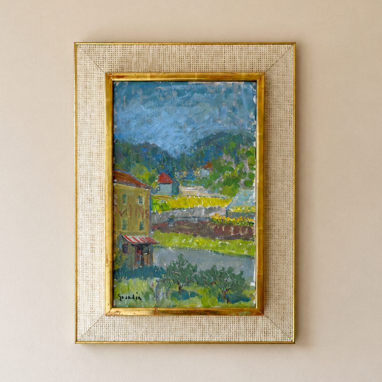 Vintage Swedish oil painting of southern hills with rustic buildings and waterway, by Svän Grandin, in gold frame