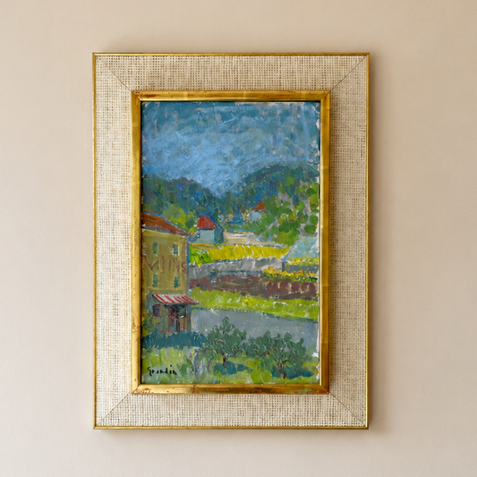 Vintage Swedish oil painting by Sven Grandin, French village landscape with wine shop, hillside and blue sky, gilt and grasscloth frame.