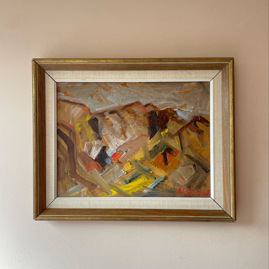 Vintage Swedish oil painting of jagged ridge of rock and hillside in earthy tones, in wooden frame with linen mount