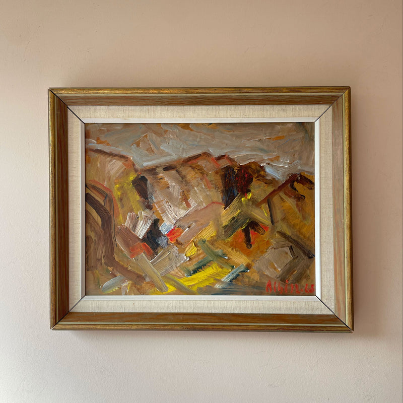 Vintage Swedish oil painting of jagged ridge of rock and hillside in earthy tones, in wooden frame with linen mount