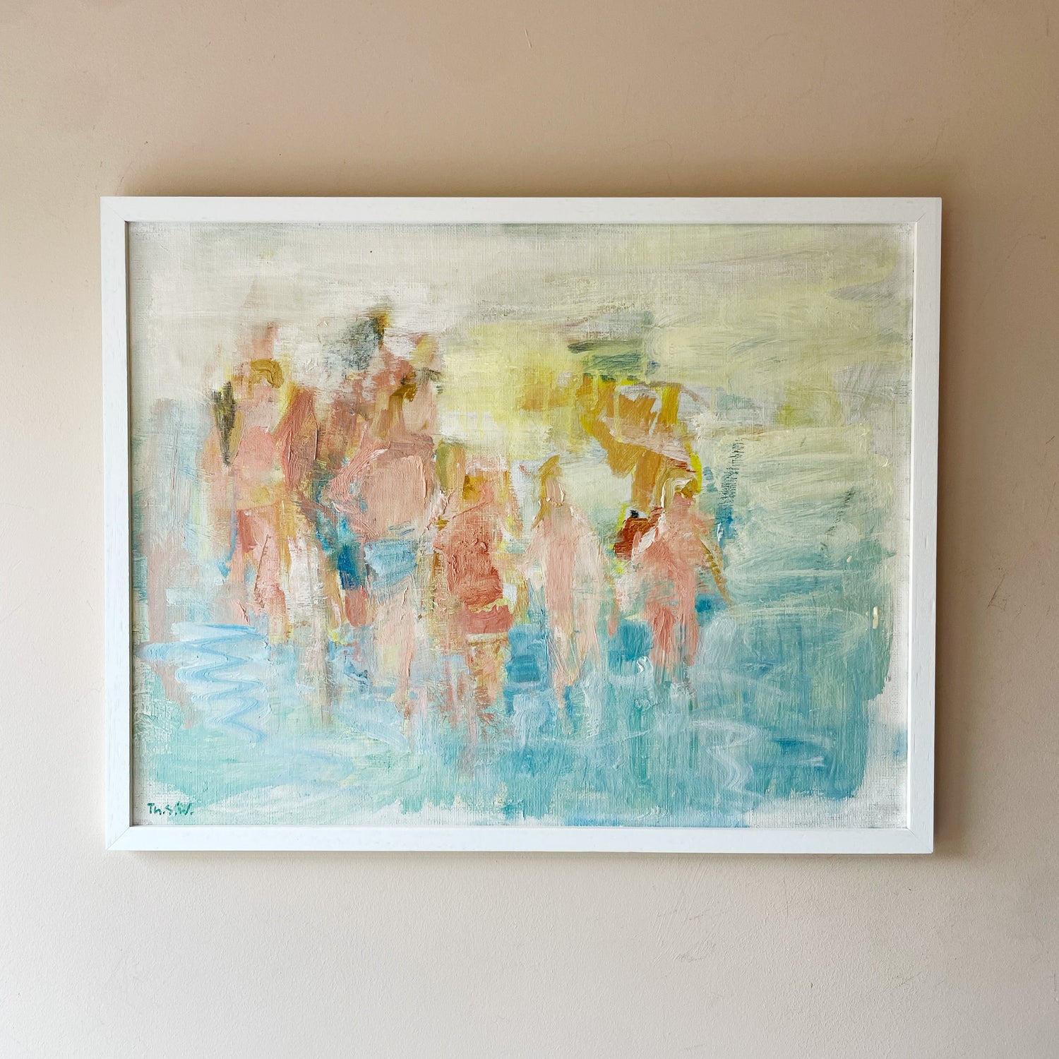 Vintage abstract oil painting, beach bathers in turquoise water, pastel tones, white frame — original impressionist fine art