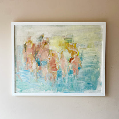 Vintage abstract oil painting, beach bathers in turquoise water, pastel tones, white frame — original impressionist fine art