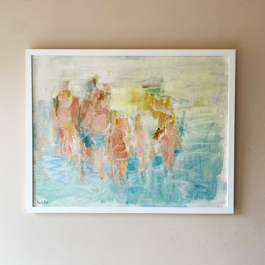 Vintage abstract oil painting, beach bathers in turquoise water, pastel tones, white frame — original impressionist fine art