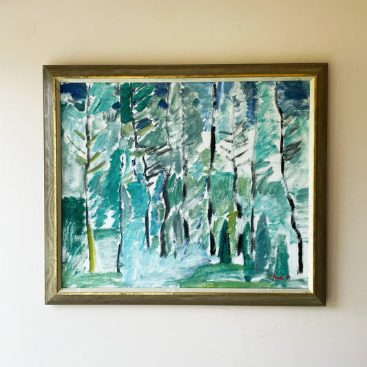 A vintage mid-century Swedish landscape oil painting depicting a stand of birch and pine in cool blues and greens, signed and dated 1971.