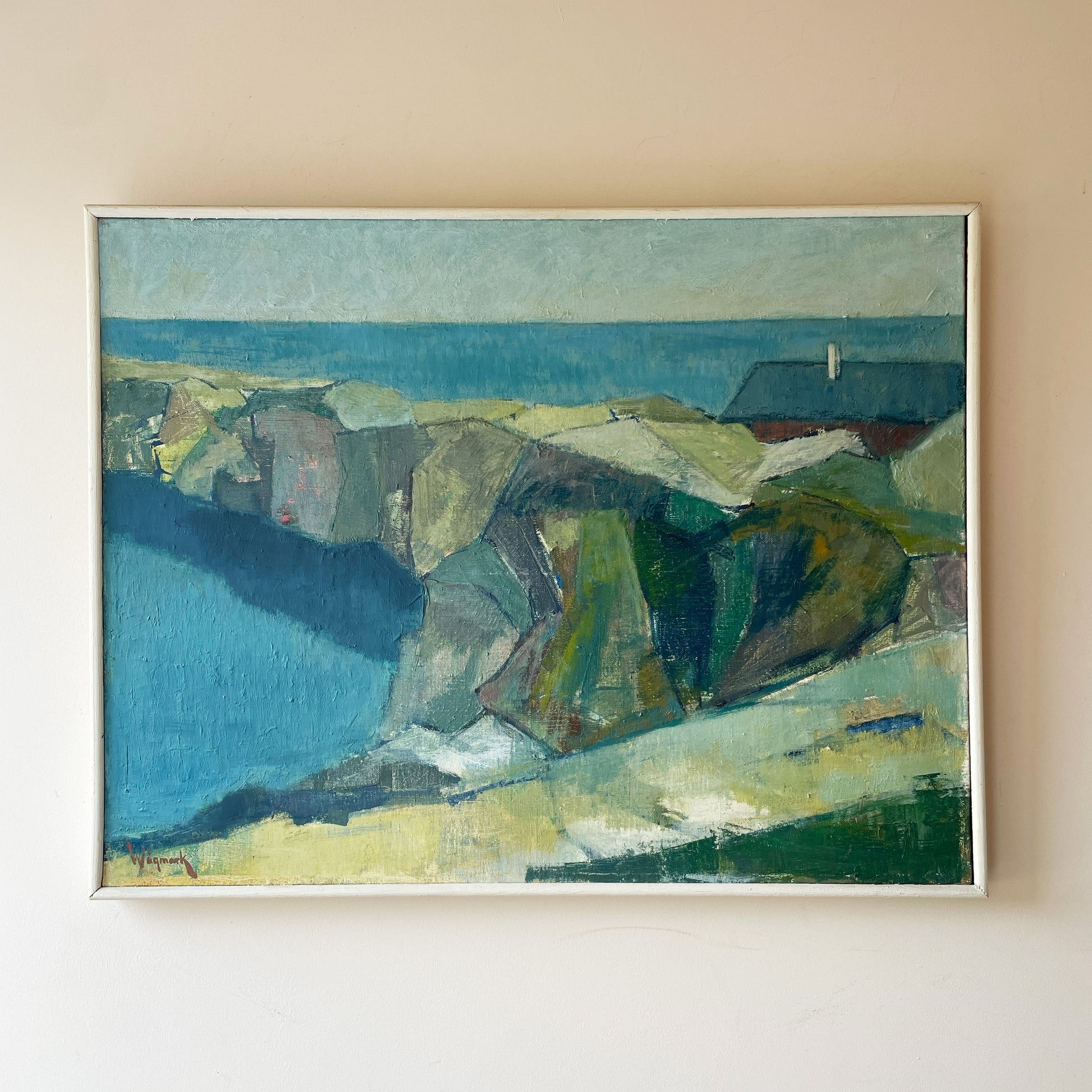 Blue green abstract coastal cliffs mid-century original oil painting