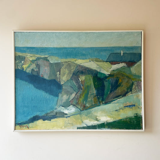 Blue green abstract coastal cliffs mid-century original oil painting