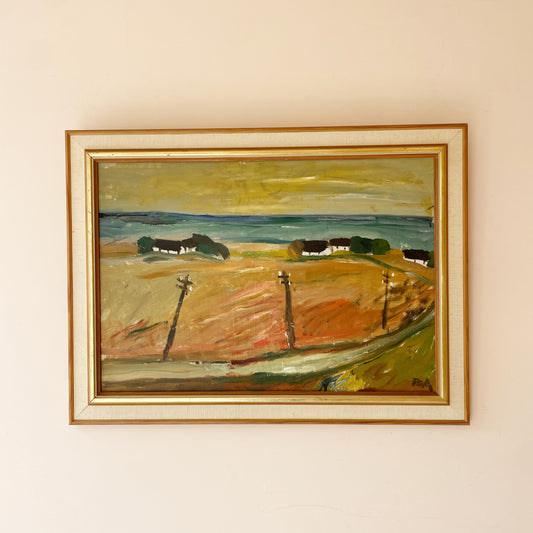 Original mid century oil landscape of white farmhouses above a turquoise sea, golden fields and telegraph poles.