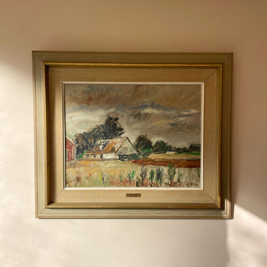 Original Swedish oil painting of a farmhouse beneath a windswept sky, signed A. Olson, in a linen and gilt frame. One-of-a-kind. Free UK delivery.