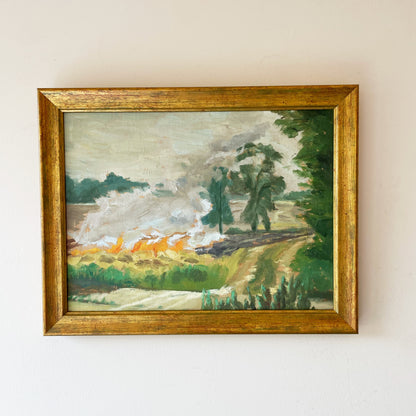 Original vintage oil painting, field fire landscape with smoke and flames, gold frame — mid-century impressionist art