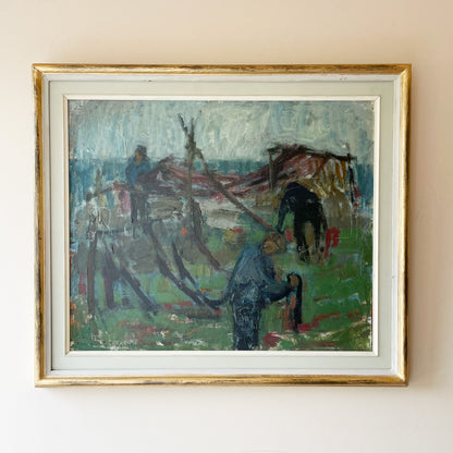 Blue green expressionist fishermen mending nets mid-century original oil painting in gilt frame
