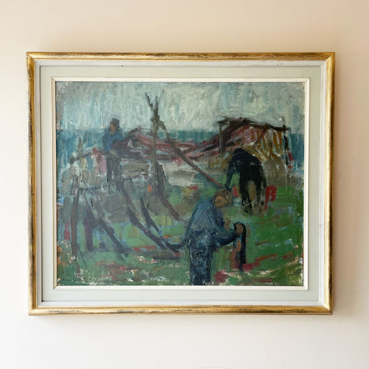 Blue green expressionist fishermen mending nets mid-century original oil painting in gilt frame