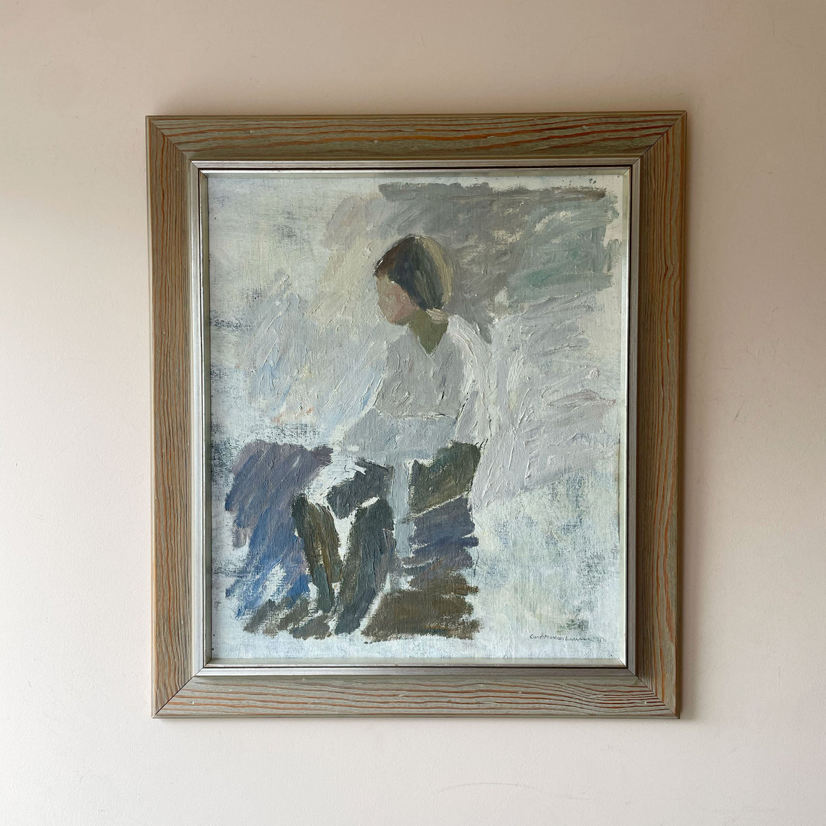 Mid century oil portrait of a seated figure in a white shirt turned in profile, painted in loose muted brushwork, in a limed wood frame