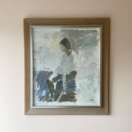 Mid century oil portrait of a seated figure in a white shirt turned in profile, painted in loose muted brushwork, in a limed wood frame