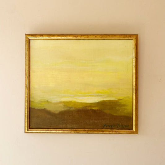 Original mid century oil landscape of soft golden light over rolling olive hills. Minimal, calm and atmospheric, in a slim gilt frame. Ready to hang.