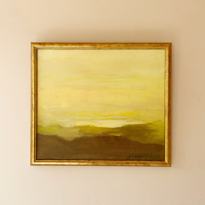 Original mid century oil landscape of soft golden light over rolling olive hills. Minimal, calm and atmospheric, in a slim gilt frame. Ready to hang.