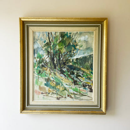 A vintage mid-century European landscape oil painting of a hillside thicket in soft greens, ochre and grey, signed and dated 1952.