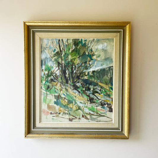 A vintage mid-century European landscape oil painting of a hillside thicket in soft greens, ochre and grey, signed and dated 1952.