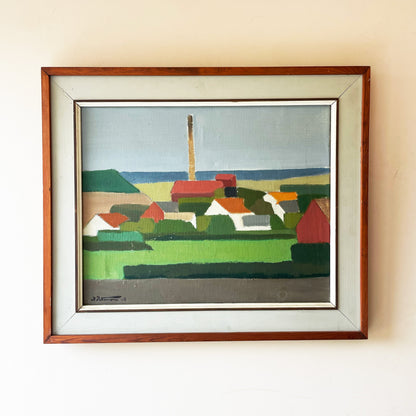 Vintage Swedish oil painting, 1958, cubist village landscape with factory chimney, original wooden frame — mid-century fine art