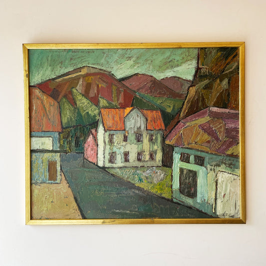 Vintage mid-century expressionist oil painting, European village street with terracotta roofs, rust hills and green sky, gilt framed.