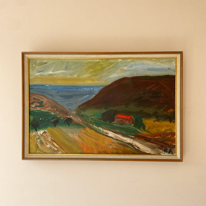 Original mid century oil landscape of a red farmhouse in a coastal valley, in thick expressive brushwork.