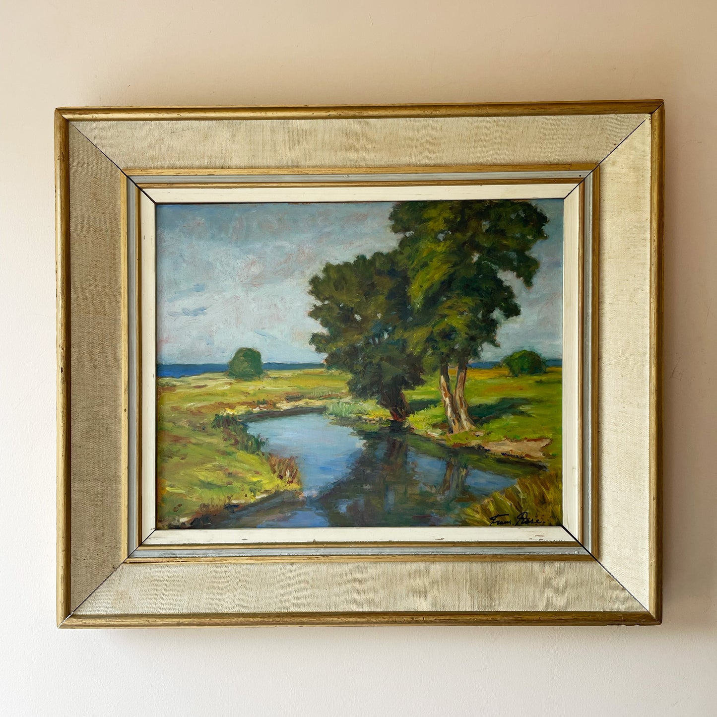 Green blue summer stream landscape mid-century original oil painting