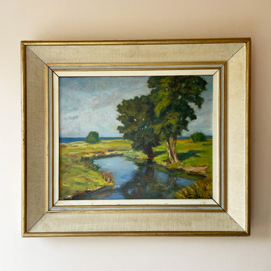 Green blue summer stream landscape mid-century original oil painting