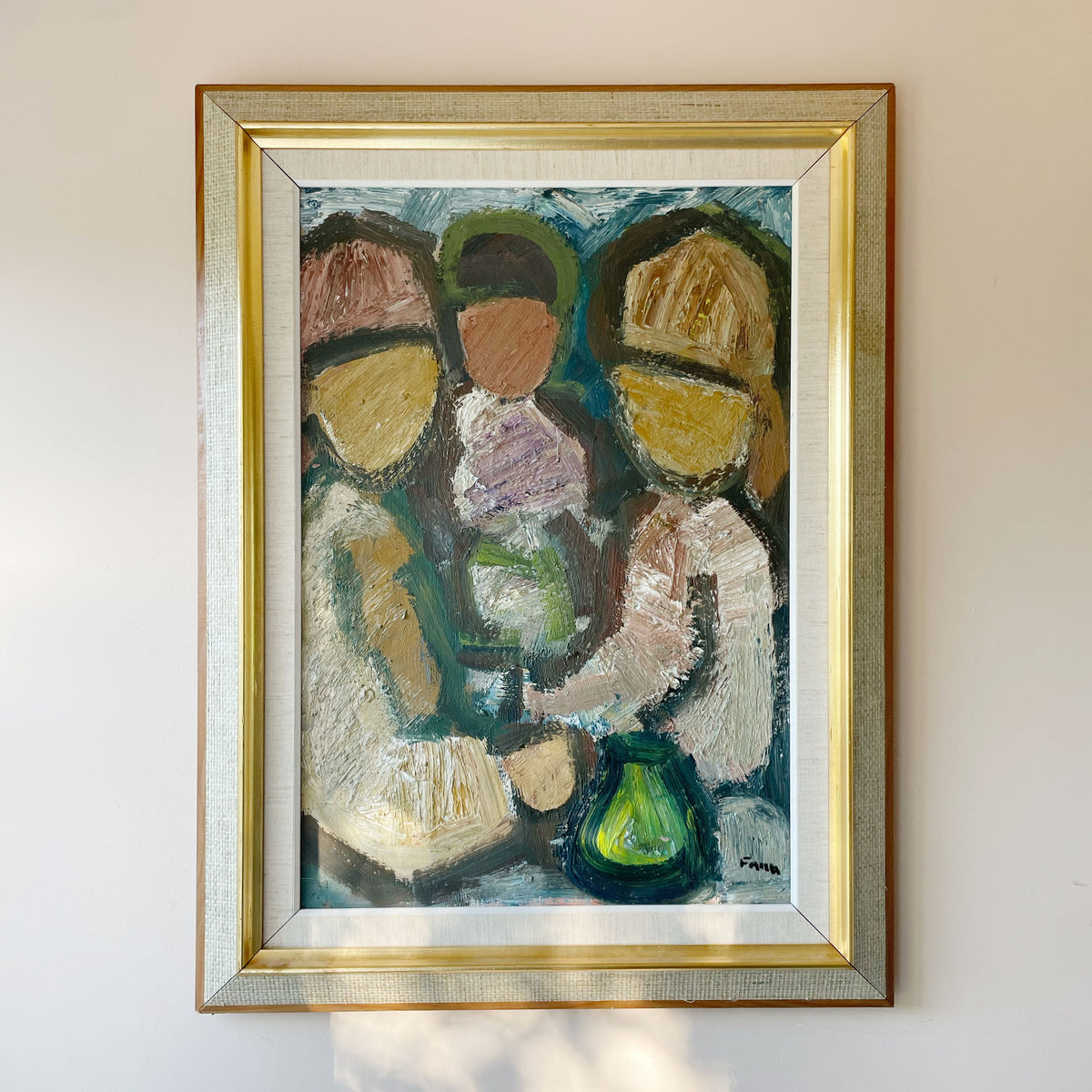 Mid-century modernist oil painting by Gösta Falk of a group of simplified figures with a green vase, in earthy ochre, pink and olive tones, thick brushwork, in a gold and linen frame.