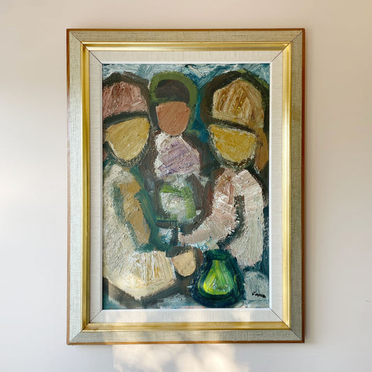 Mid-century modernist oil painting by Gösta Falk of a group of simplified figures with a green vase, in earthy ochre, pink and olive tones, thick brushwork, in a gold and linen frame.