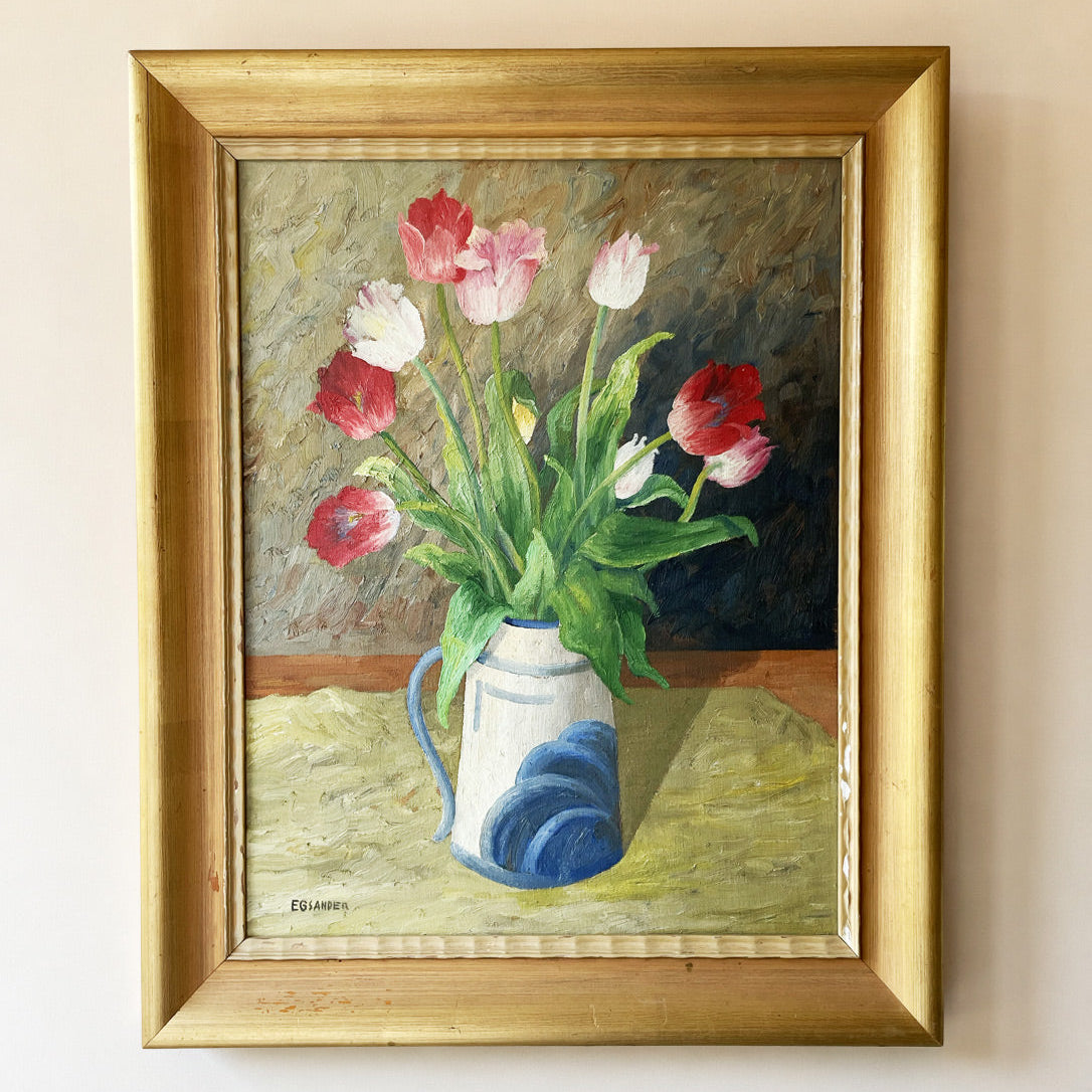 Red pink tulips in blue white jug mid-century original oil painting still life in gold frame