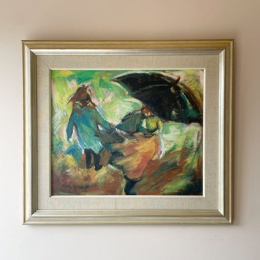 Abstract expressionist oil painting of figures under a black umbrella in a storm, in a silvered linen frame.