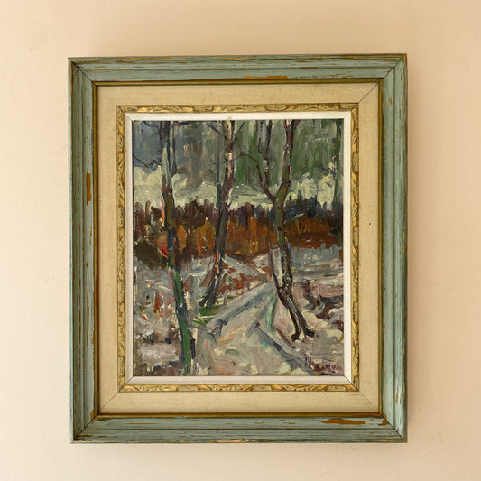 Original mid century oil painting of birch trees in a snowy woodland, with russet undergrowth and loose brushwork.