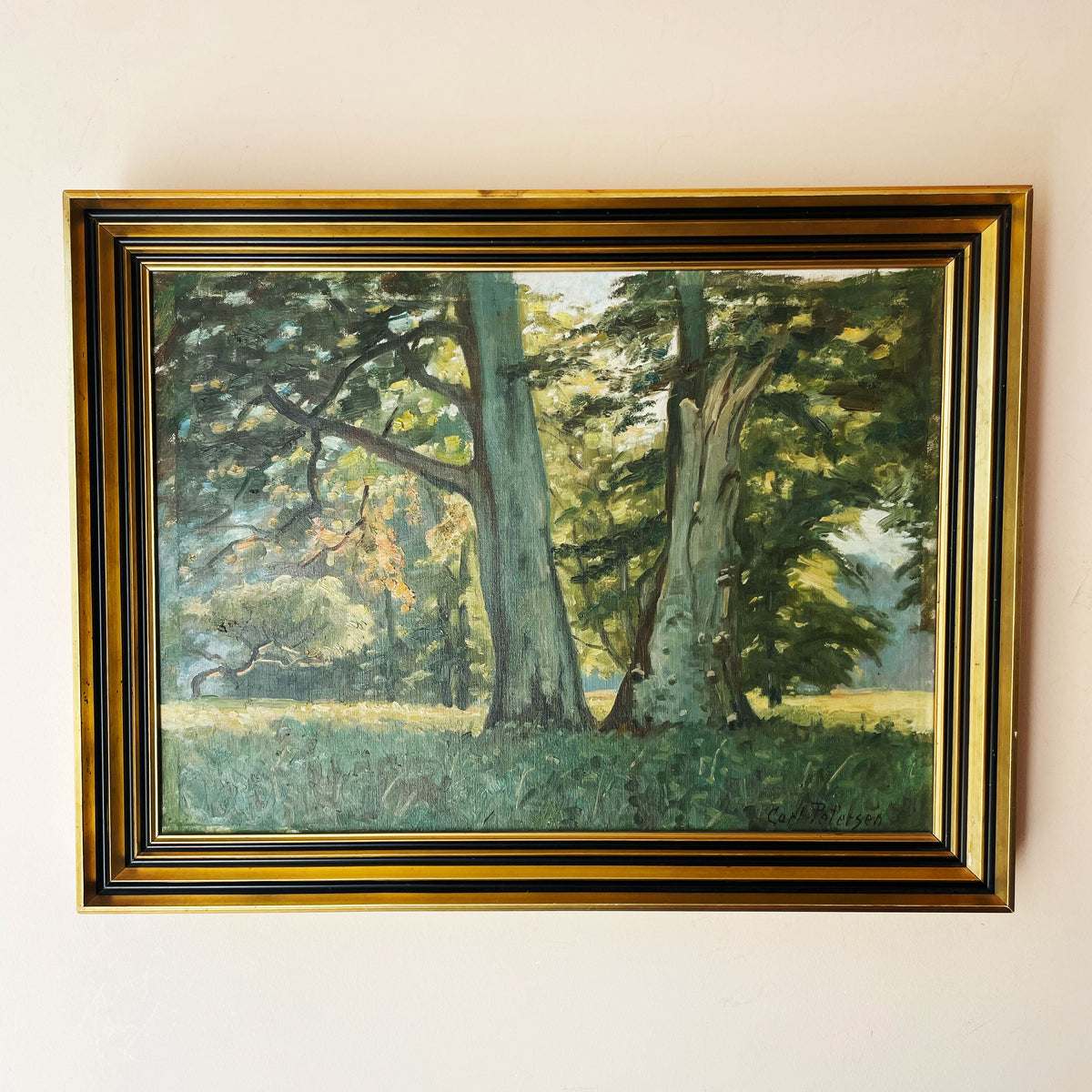 Vintage Swedish oil painting of two great beech trunks in a sunlit woodland clearing, by Carl Petersen, in gold frame